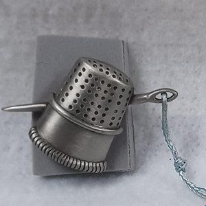 New JJ Pewter Thimble Needle and Light Blue Silky Thread Brooch